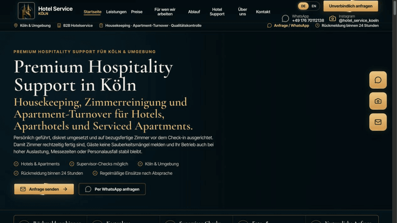 Screenshot des öffentlich erreichbaren BetriebsIT Portfolioartefakts Hotel Service Köln