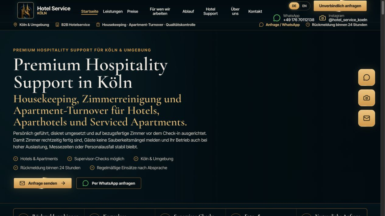 Öffentlich erreichbare Website des BetriebsIT Eigenprojekts Hotel Service Köln