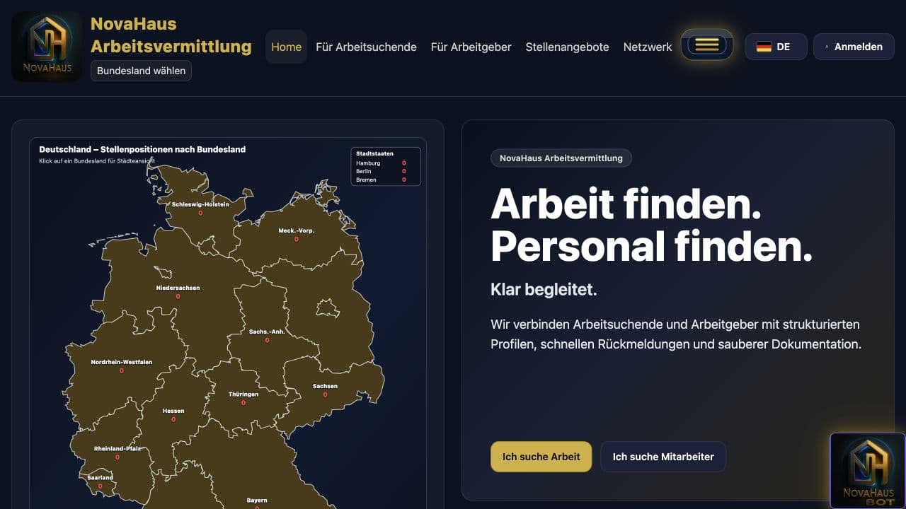 Screenshot des öffentlich erreichbaren BetriebsIT Eigenprojekts NovaHaus Arbeitsvermittlung