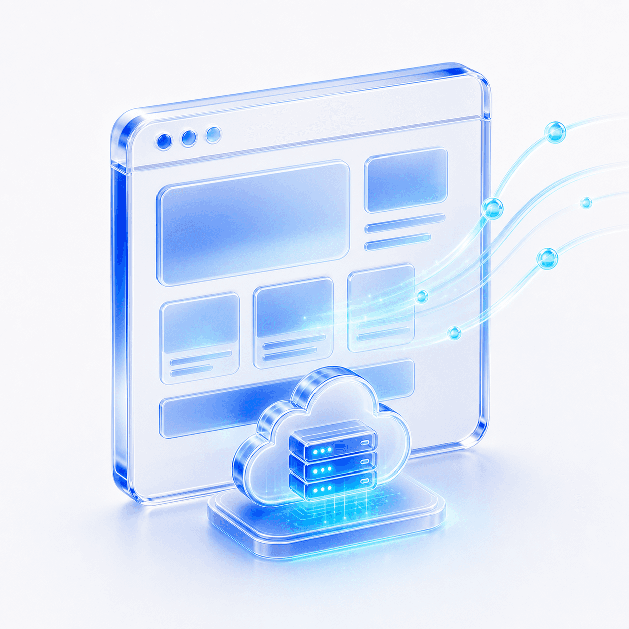 Gläserne 3D-Darstellung einer Website mit Cloud- und Serveranbindung